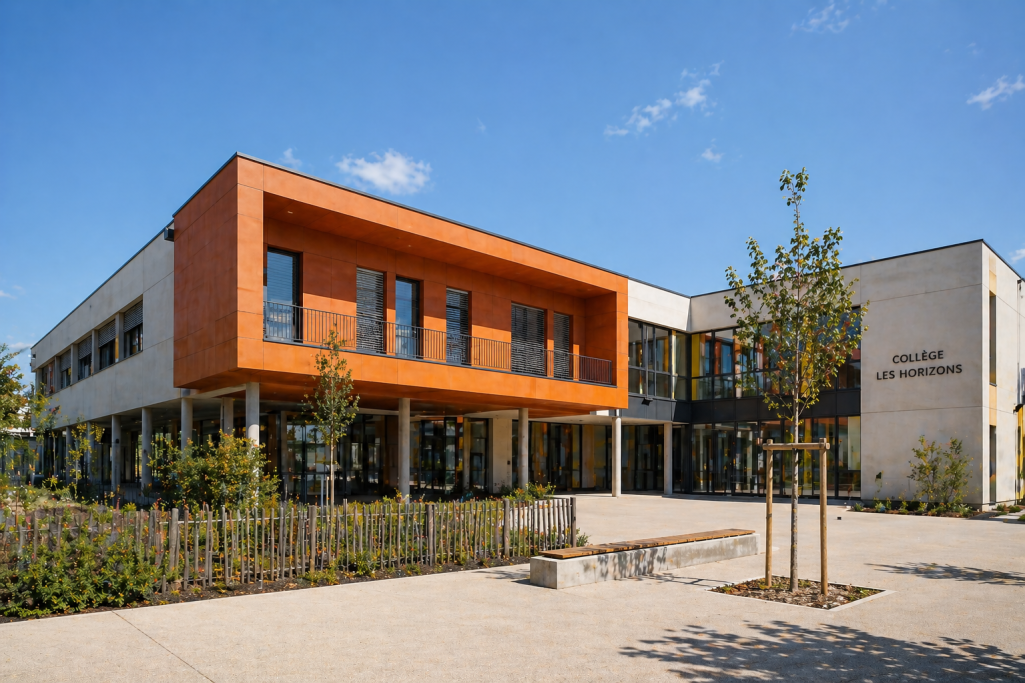 Services publics et Administrations École moderne avec une façade en bois, entourée de verdure et d'un ciel bleu.